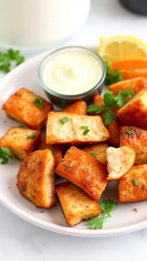 Crispy air fryer salmon bites garnished with parsley on a plate, served with lemon aioli.